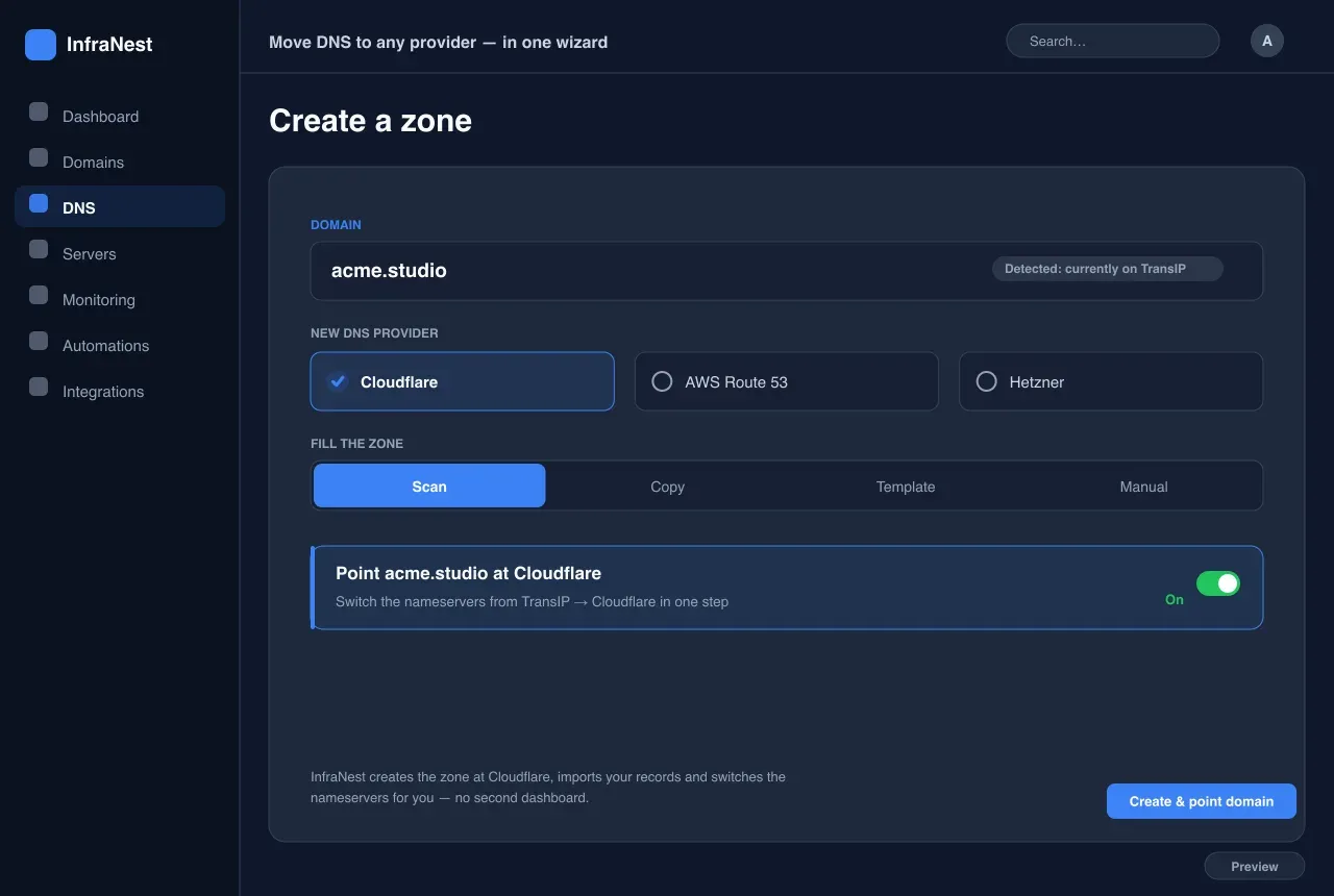 Déplacez le DNS vers n’importe quel fournisseur — en un assistant — DNS in InfraNest