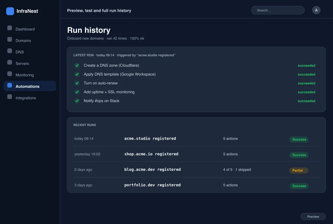 Aperçu, test et historique complet — Automatisations in InfraNest
