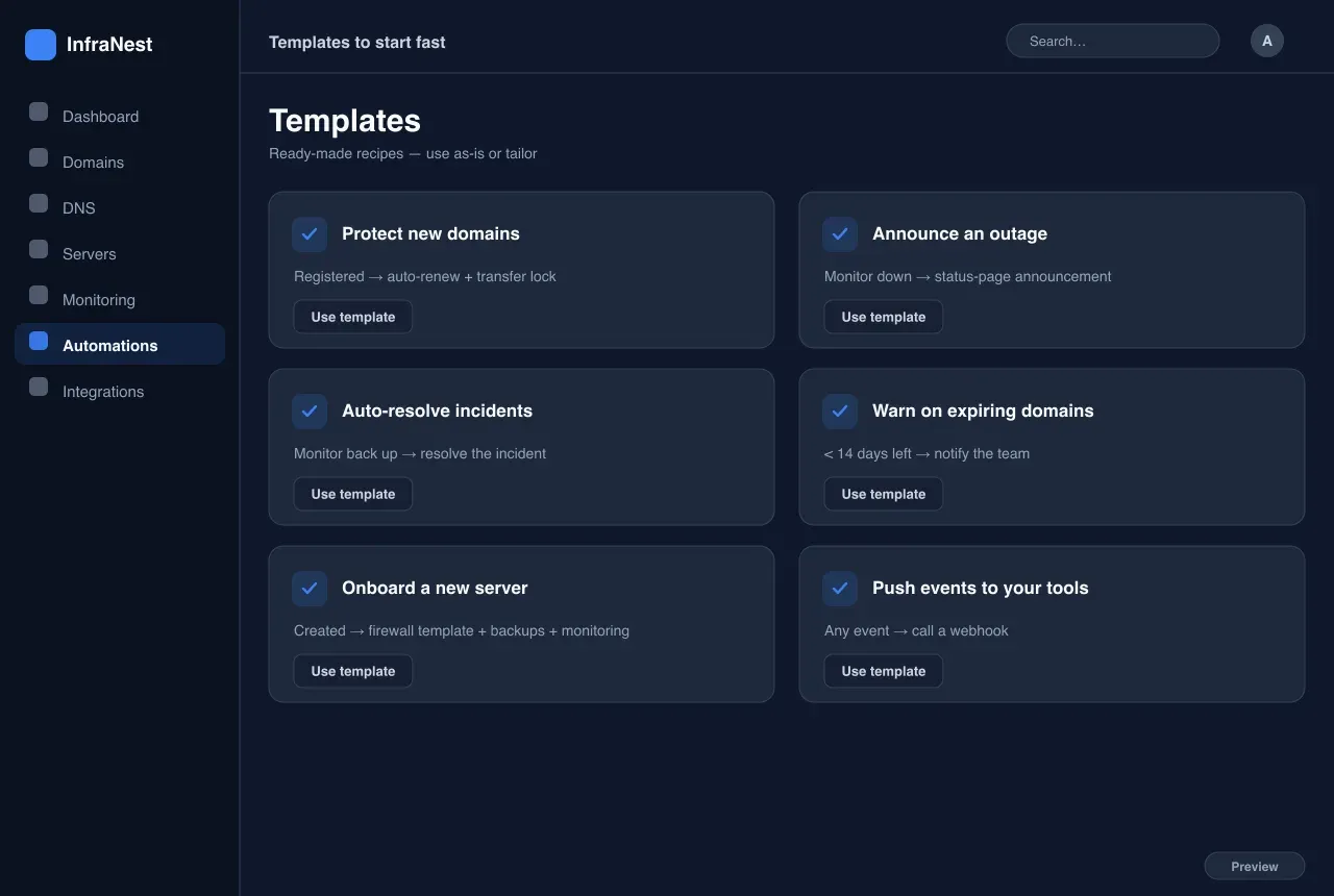 Des modèles pour démarrer vite — Automatisations in InfraNest