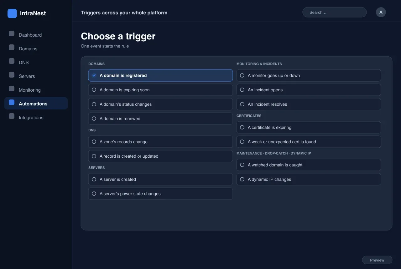 Des déclencheurs sur toute votre plateforme — Automatisations in InfraNest
