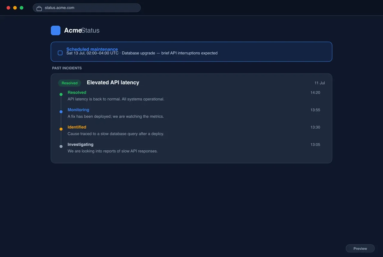 Annonces & maintenance — Pages de statut in InfraNest