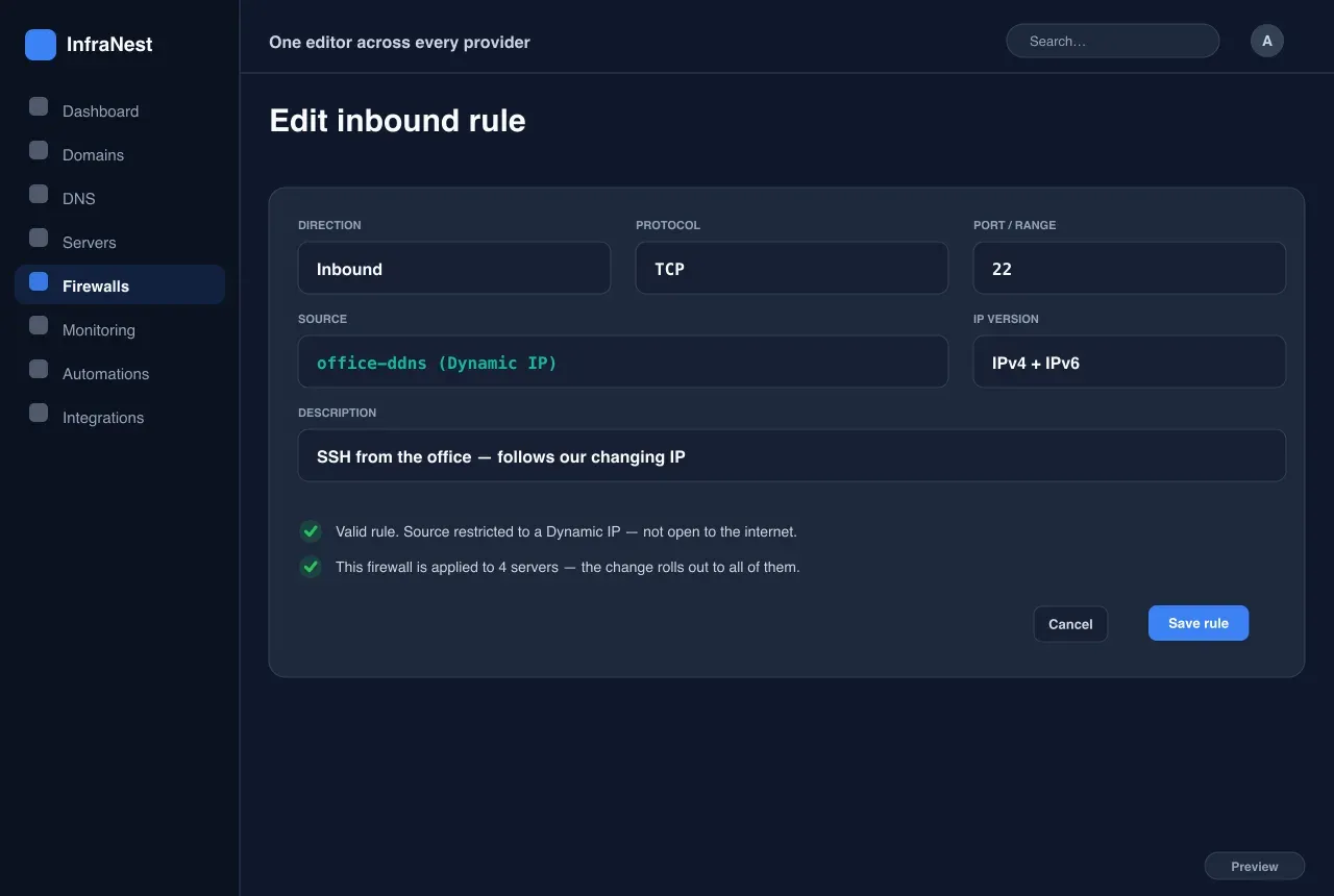 Eén editor bij elke provider — Firewalls in InfraNest