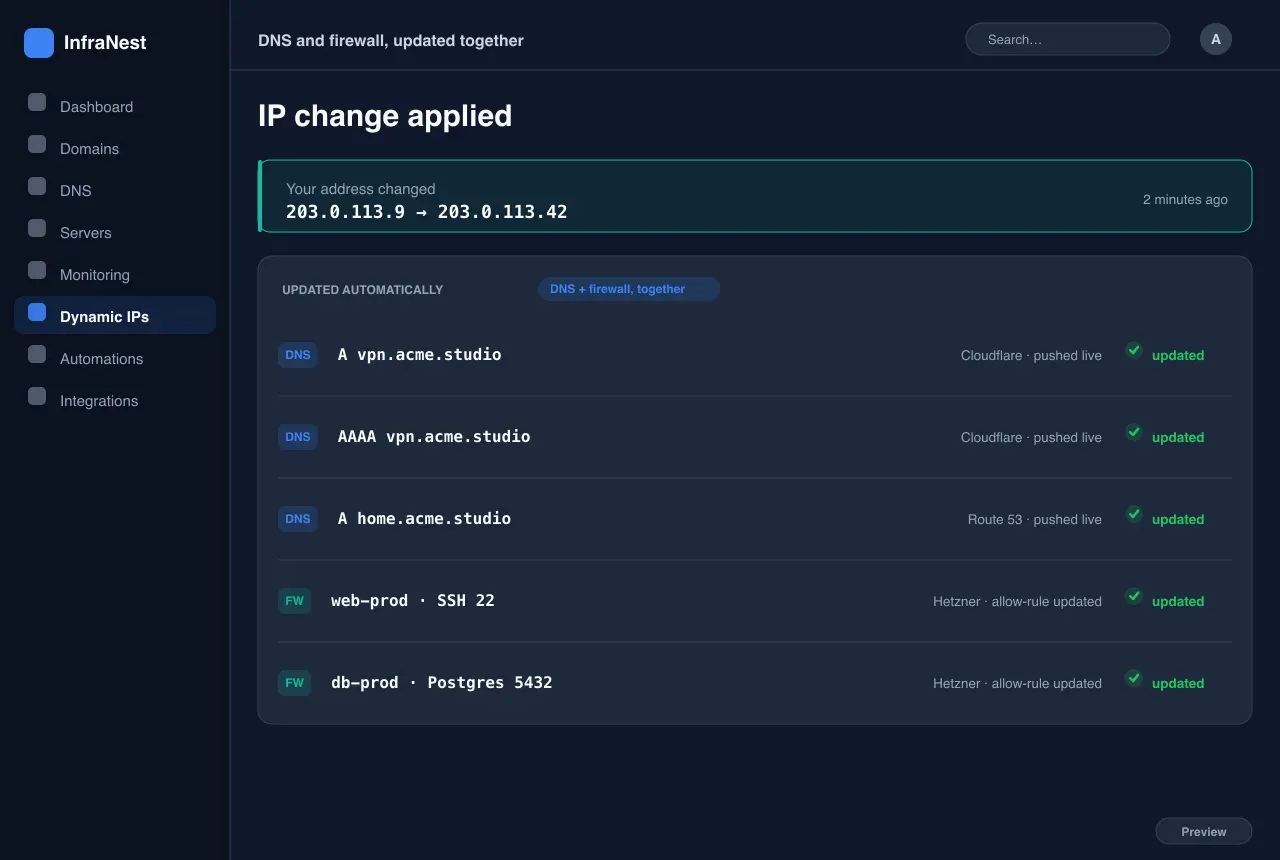 DNS et pare-feu, mis à jour ensemble — IP dynamique in InfraNest