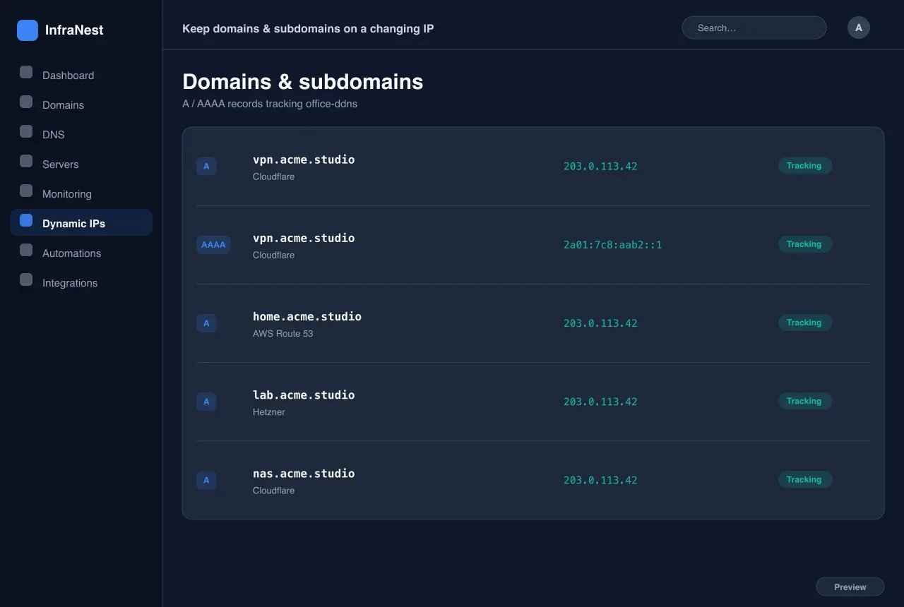 Gardez domaines & sous-domaines sur une IP changeante — IP dynamique in InfraNest