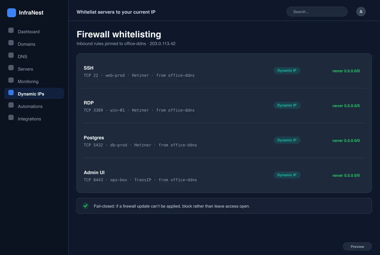 Autorisez vos serveurs à votre IP actuelle — IP dynamique in InfraNest