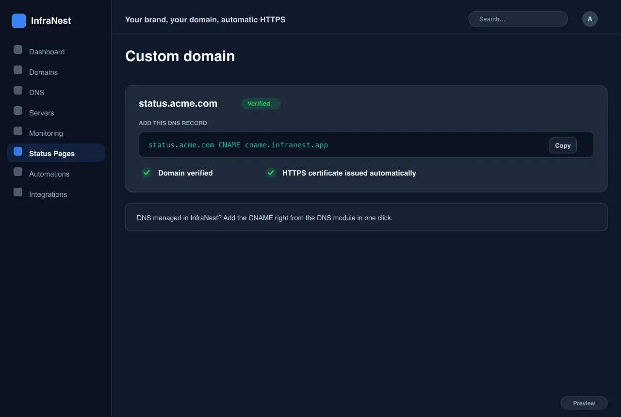 Votre marque, votre domaine, HTTPS automatique — Pages de statut in InfraNest