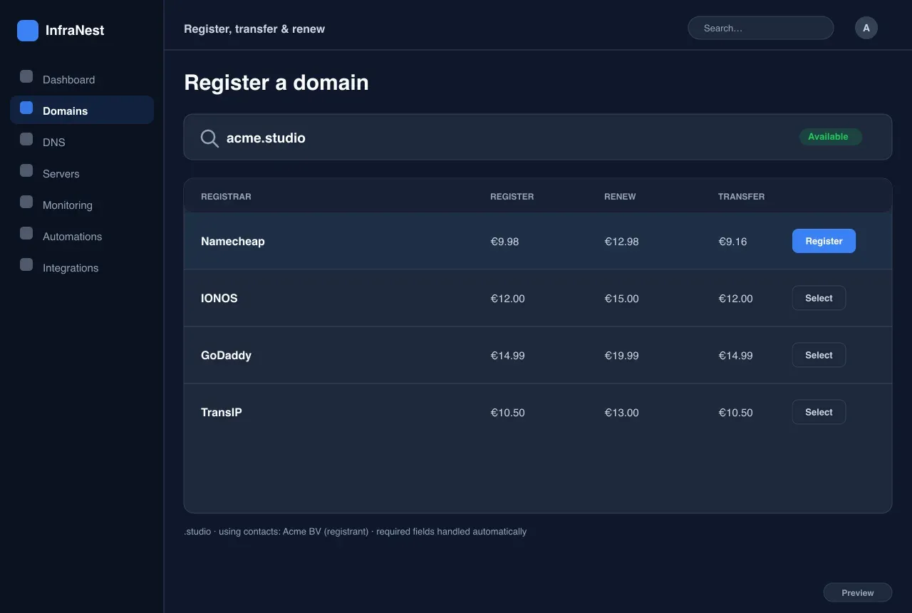 Registrieren, transferieren & verlängern — Domains in InfraNest