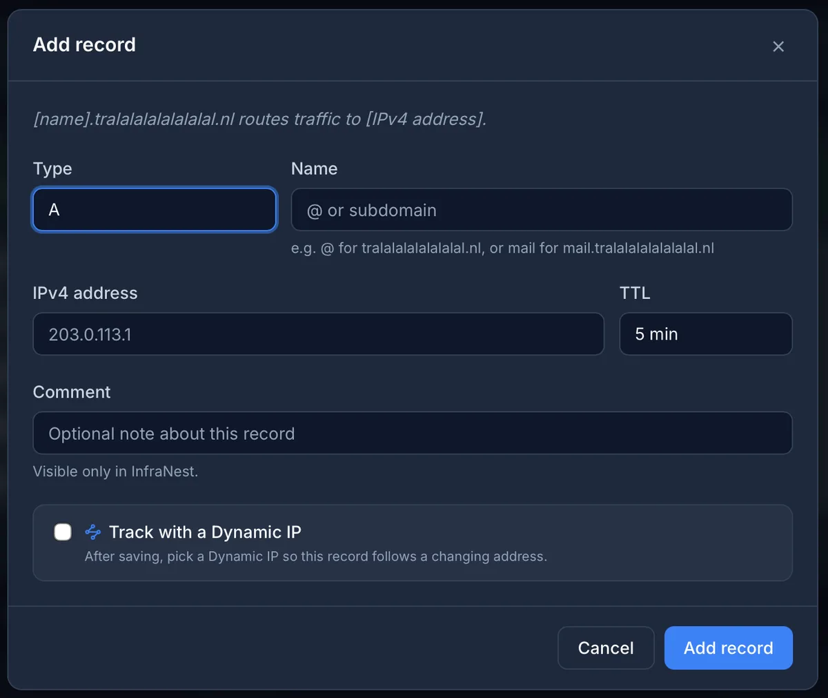 Adding a DNS A record in InfraNest, with the option to track a Dynamic IP